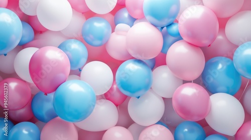 3D rendering of holiday party decorations featuring numerous pink blue and white balloons