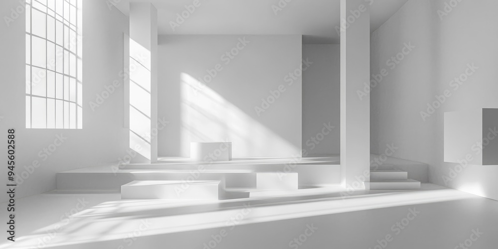 Fototapeta premium 3D rendering of a white minimalist interior featuring geometric cubes