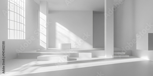 3D rendering of a white minimalist interior featuring geometric cubes