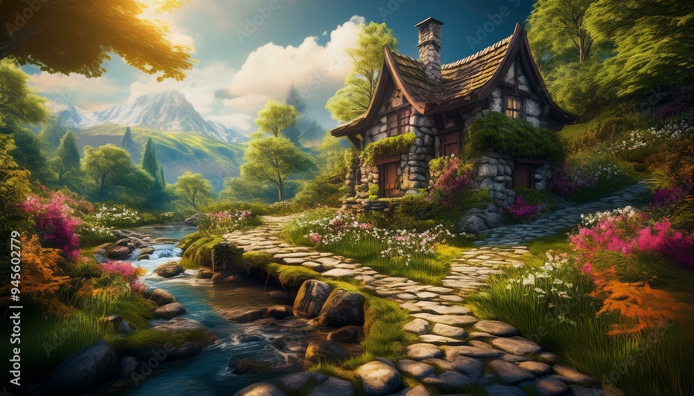 Obraz premium Beautiful cozy fantasy stone cottage in a spring forest aside a cobblestone path and a babbling brook. Stone wall. Mountains in the distance. Magical tone and feel, hyper realistic.