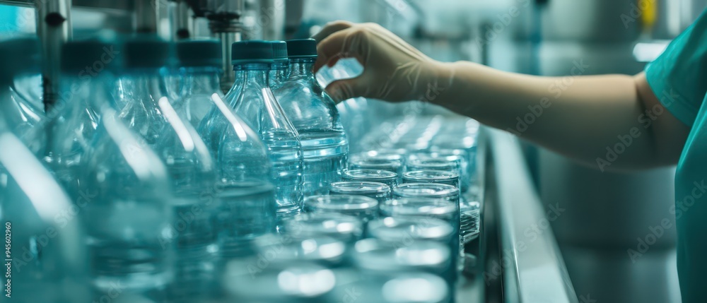 Bottling Process in a Factory, an individual operates a complex machine ...