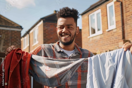 Man Doing Household Chores A mixed race mid adult man hanging the washing out in the back yard on a sunny day in North Shields, England. photo