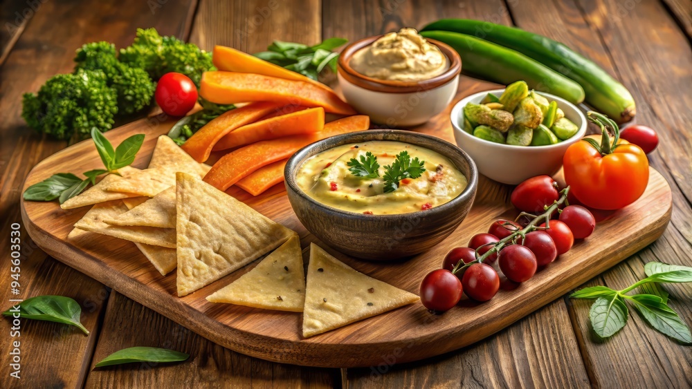 Cozy and intimate snack setup featuring hummus, pita chips, and a few crudités, arranged on a small wooden board, a realistic photo image. Cozy and intimate snack setup featuring hummus, pita chips, and a few crudités, arranged on a small wooden board, a realistic photo image.