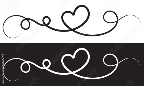 Monoline black and white vintage Vector Valentines Day Hand Drawn Calligraphic Heart. Calligraphy lettering  illustration. Holiday Design element valentine. isolated on white and black background