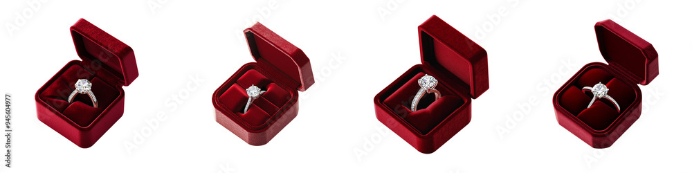 Set of a red velvet ring box with a diamond engagement ring inside, isolated on transparent background Set of a red velvet ring box with a diamond engagement ring inside, isolated on transparent background
