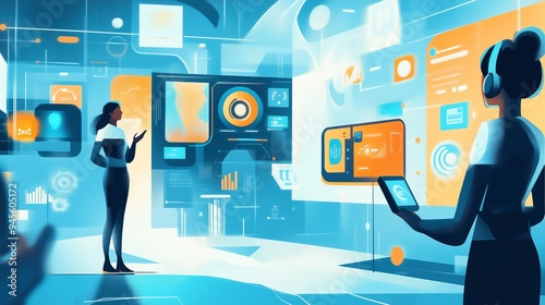 Human-Technology Interaction: Abstract-Tech Illustration of Smart Assistants, Voice Recognition, and Gesture Control Enhancing Daily Routines