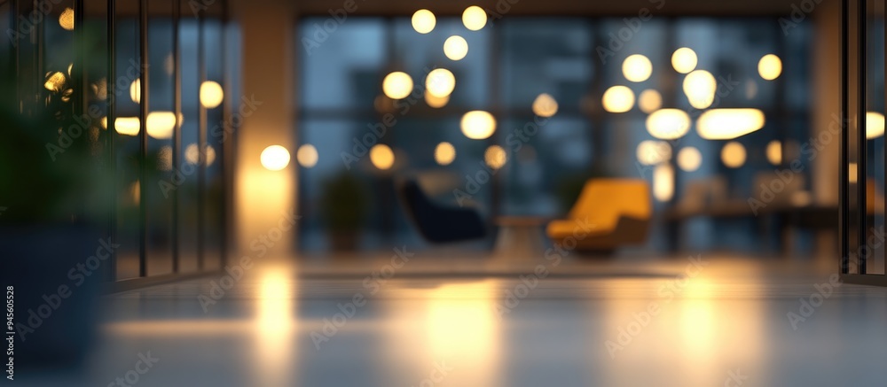 3D rendering of an abstract beautifully blurred office interior at night featuring a defocused working space 3D rendering of an abstract beautifully blurred office interior at night featuring a defocused working space