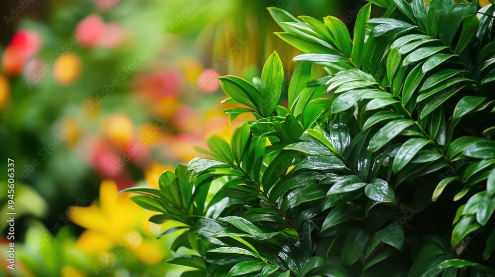 A close-up of vibrant green leaves with a blurred colorful background. A close-up of vibrant green leaves with a blurred colorful background.