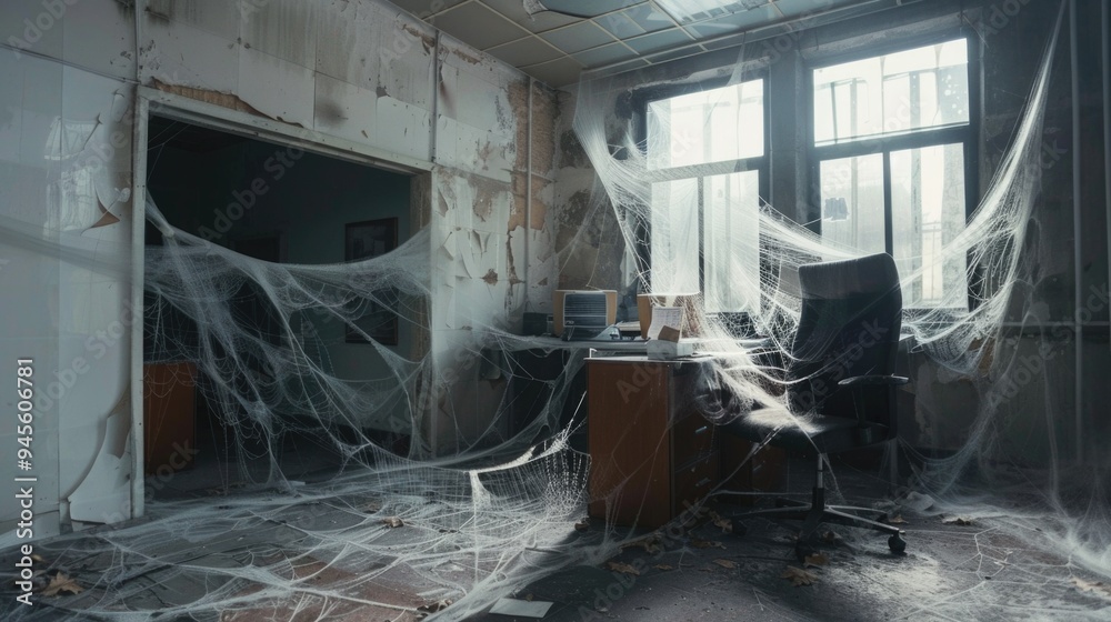 A quiet room with a single chair and a spider web covering the corner