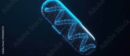 Pill with DNA Embedded in Low Poly Wireframe, a conceptual representation of innovative medicine featuring genetic elements, set against a dark blue background. photo