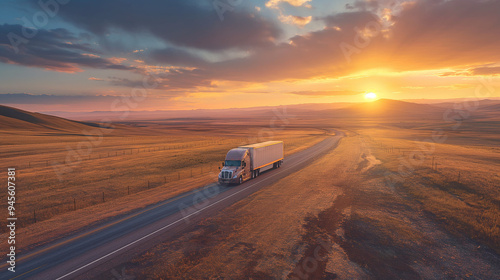 Semi Truck Driving at Sunrise on Country Road