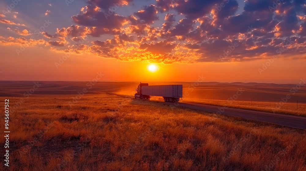 Semi Truck Driving at Sunrise on Country Road Semi Truck Driving at Sunrise on Country Road