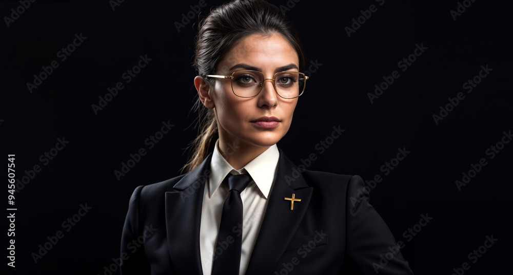 woman wearing a black suit and glasses, standing against black background. woman wearing a black suit and glasses, standing against black background.