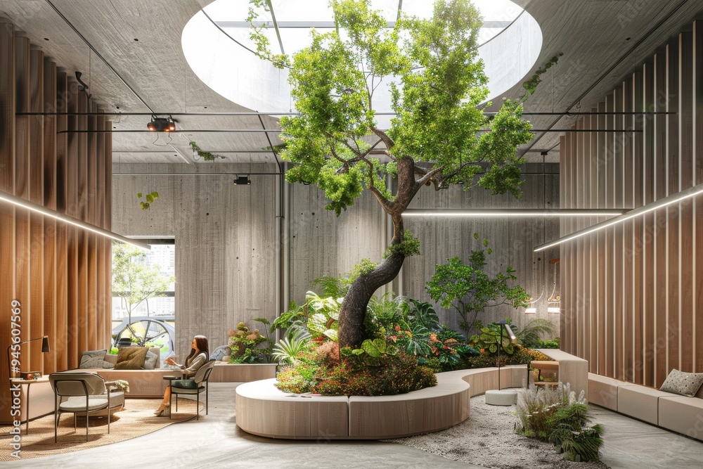 Creative office lobby in 3D Computer-generated image of environment friendly office foyer. Creative office lobby in 3D with a tree. Creative office lobby in 3D Computer-generated image of environment friendly office foyer. Creative office lobby in 3D with a tree.
