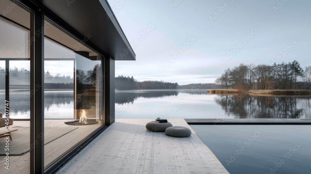 A modern lakeside house with sleek architecture, featuring an outdoor deck with a tranquil view of the still water and surrounding trees. A modern lakeside house with sleek architecture, featuring an outdoor deck with a tranquil view of the still water and surrounding trees.