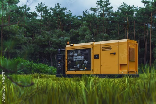 Close-up View Of Mobile Diesel Generator On Grass With Forest Background Close-up View Of Mobile Diesel Generator On Grass With Forest Background