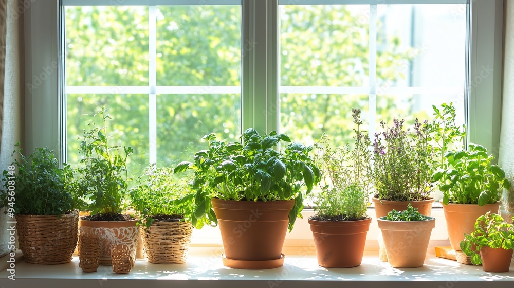 Bright Home Kitchen Garden with Potted Herbs and Vegetables on a Sunny Windowsill