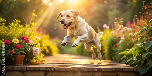 Ethereal light captures a playful Labrador's joyful release, its paws suspended mid-air amidst a blurred tapestry of greenery, flowers, and wood, subtly shaded.