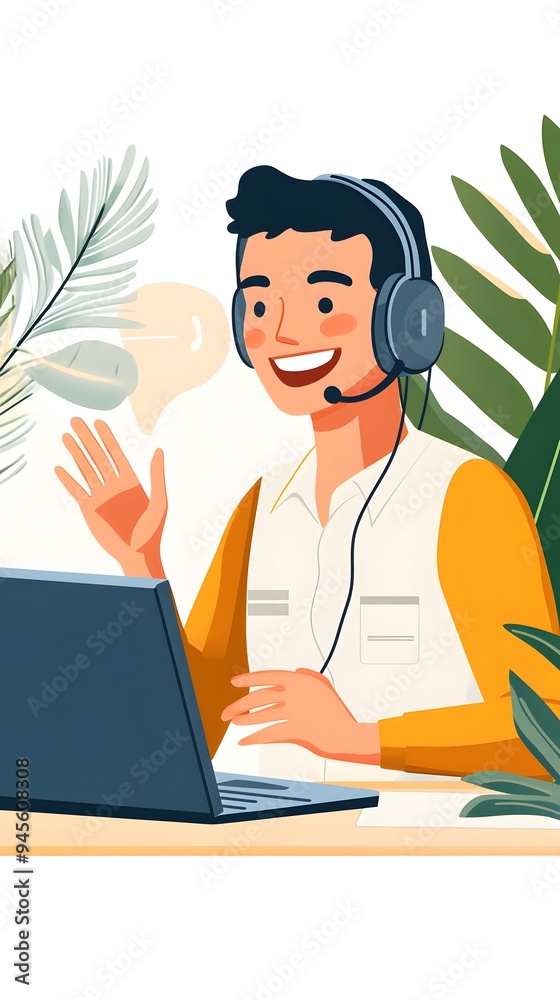 Happy customer service agent wearing a headset and talking to a laptop computer in an office. doodle style art Happy customer service agent wearing a headset and talking to a laptop computer in an office. doodle style art