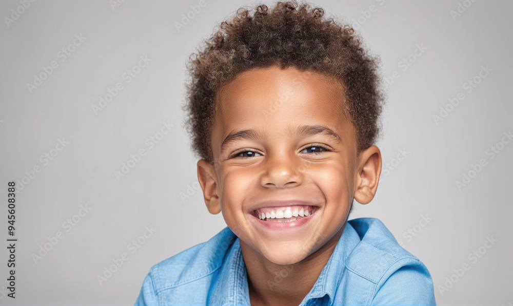 A young boy smiles brightly in a blue shirt against a gray background A young boy smiles brightly in a blue shirt against a gray background
