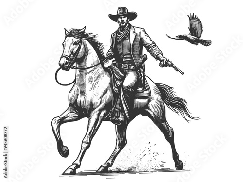 cowboy riding horse, with pistol, capturing the spirit of the Wild West sketch engraving generative ai fictional character vector illustration. Scratch board imitation. Black and white image.