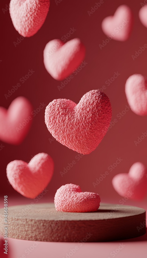Obraz premium Fluffy Pink Hearts Floating Above Wooden Podium On Red Background. Valentines Day Concept