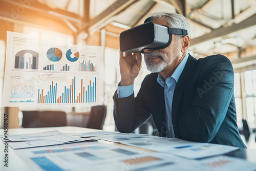 VR Business Data Analysis: A senior businessman wearing a VR headset, immersed in a data visualization experience. The charts and graphs on the whiteboard behind him suggest a business context, highli photo