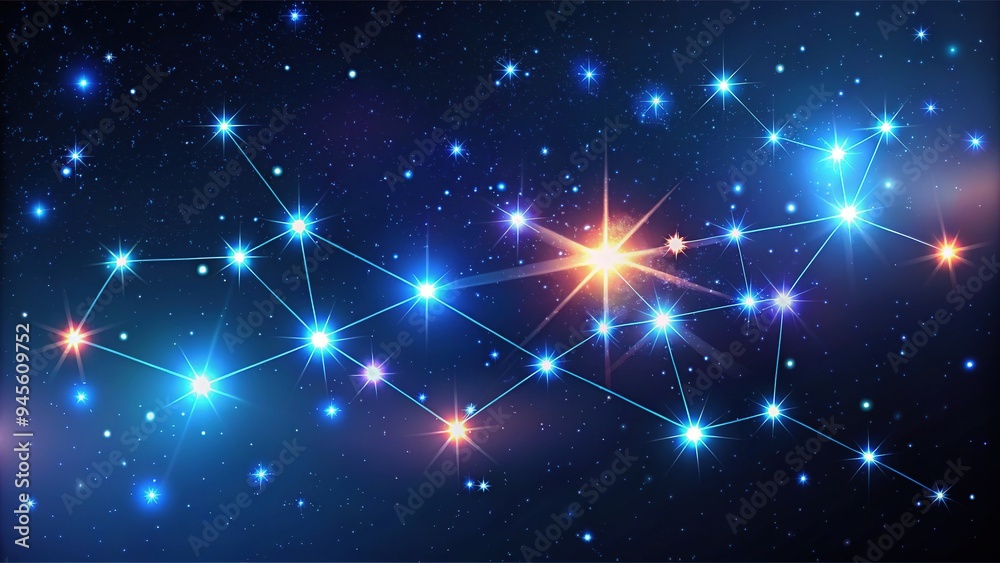 Stylized vector illustration of the majestic Orion constellation with vibrant stars and sweeping nebulae set against a deep blue night sky with subtle gradient effects. Stylized vector illustration of the majestic Orion constellation with vibrant stars and sweeping nebulae set against a deep blue night sky with subtle gradient effects.