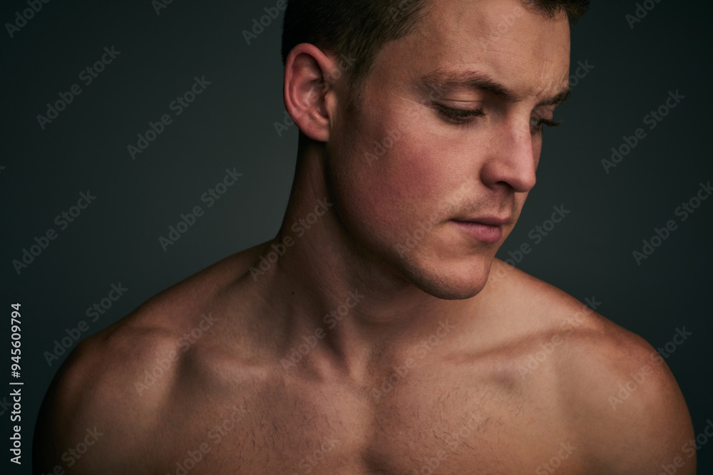 Skincare, thinking and face of man in studio for wellness, facial treatment and grooming. Dermatology, salon and isolated person with health, confidence and pride for natural skin on gray background Skincare, thinking and face of man in studio for wellness, facial treatment and grooming. Dermatology, salon and isolated person with health, confidence and pride for natural skin on gray background