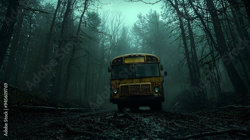 Abandoned School Bus in Foggy Forest photo