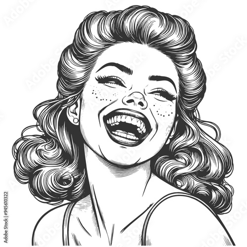 woman with freckles laughing heartily, pure joy and happiness with a retro flair sketch engraving generative ai fictional character vector illustration. Scratch board imitation. Black and white image.
