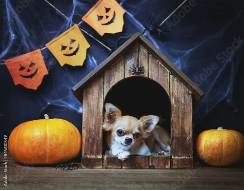 Chihuahua In a Dog House Decorated for Halloween with Pumpkins AI