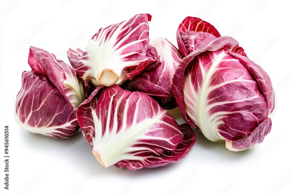 Obraz premium A cluster of red cabbage leaves arranged on a white background.