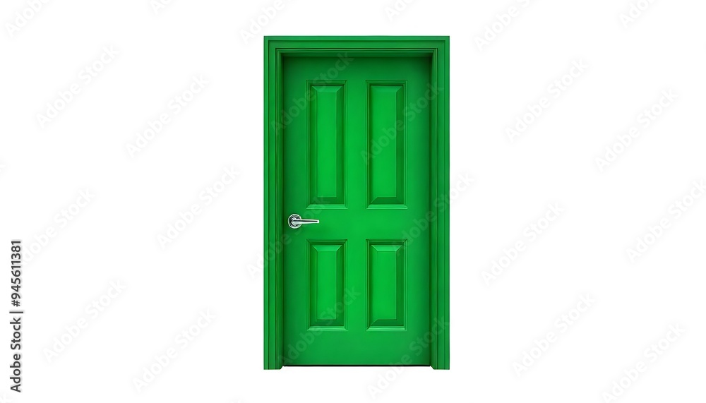 A green front interior exterior wooden door isolated on a white background A green front interior exterior wooden door isolated on a white background