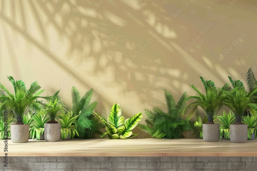 Workplace with Plants on Wall Background Workplace with Plants on Wall Background. 3d Render Workplace with Plants on Wall Background Workplace with Plants on Wall Background. 3d Render
