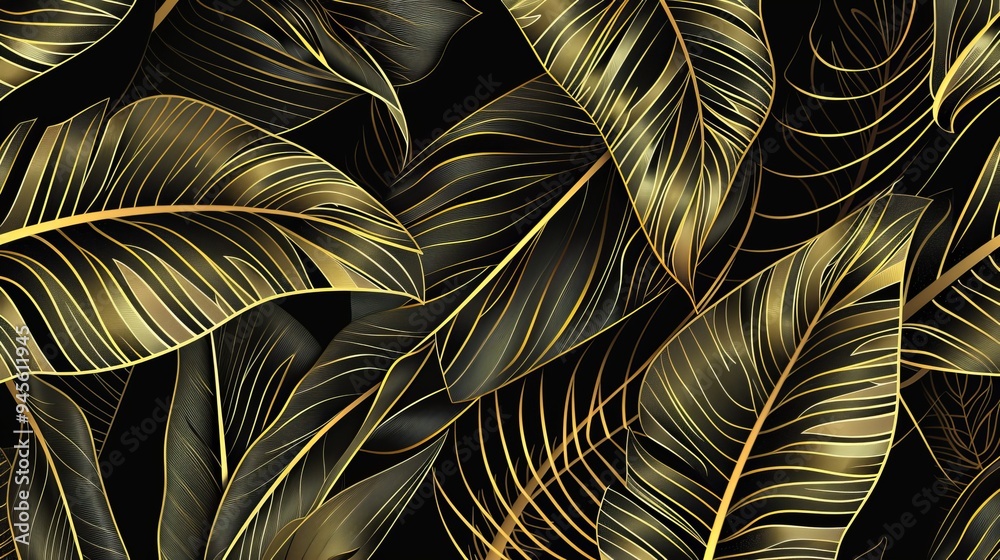 Embrace luxury with tropical leaf wallpaper, showcasing golden banana leaf line arts in a hand-drawn outline design perfect for fabric, prints, covers, banners, and invitations. Embrace luxury with tropical leaf wallpaper, showcasing golden banana leaf line arts in a hand-drawn outline design perfect for fabric, prints, covers, banners, and invitations.