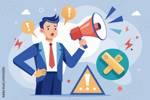 Important announcement, attention or warning information, breaking news or urgent message communication, alert and beware concept, business people announce on megaphone with attention exclamation sign