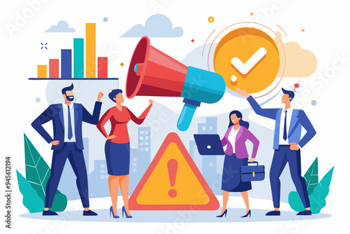 Important announcement, attention or warning information, breaking news or urgent message communication, alert and beware concept, business people announce on megaphone with attention exclamation sign