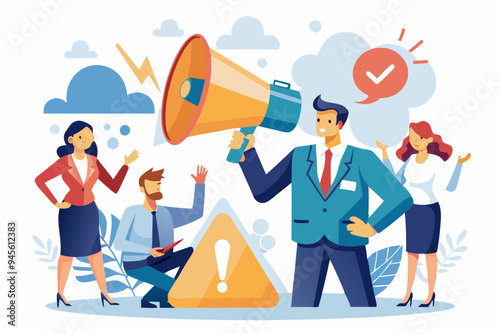 Important announcement, attention or warning information, breaking news or urgent message communication, alert and beware concept, business people announce on megaphone with attention exclamation sign