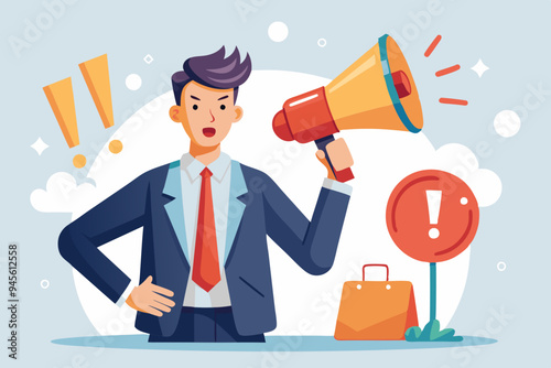 Important announcement, attention or warning information, breaking news or urgent message communication, alert and beware concept, business people announce on megaphone with attention exclamation sign