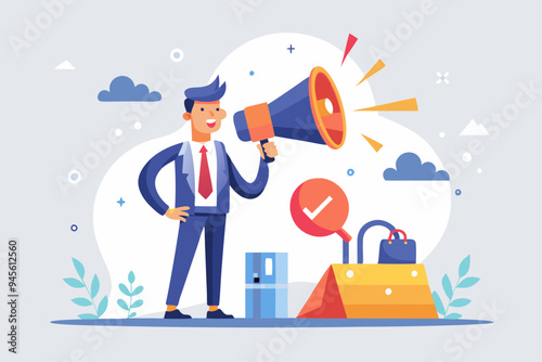 Important announcement, attention or warning information, breaking news or urgent message communication, alert and beware concept, business people announce on megaphone with attention exclamation sign