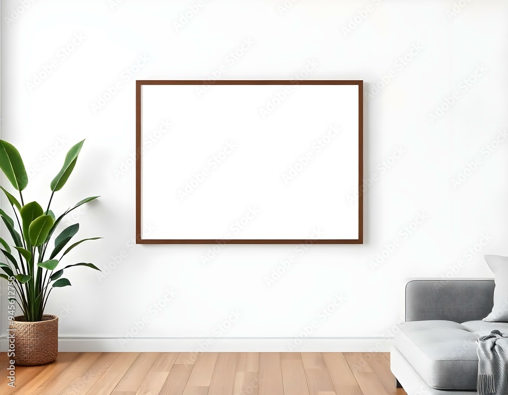 A blank framed mockup hanging on a white wall in a modern living room create with ai