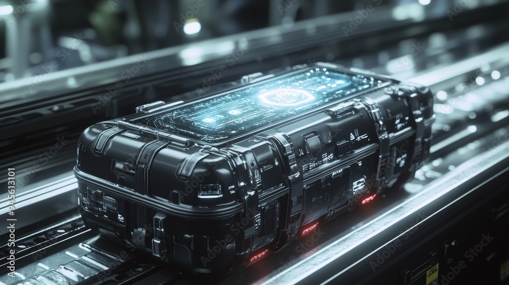 A black suitcase with metallic edges stands out on a conveyor belt, with a glowing holographic tag hovering above it, hinting at high-tech security features. Sci-Fi, Hologram, 3D Render, Monochrome A black suitcase with metallic edges stands out on a conveyor belt, with a glowing holographic tag hovering above it, hinting at high-tech security features. Sci-Fi, Hologram, 3D Render, Monochrome