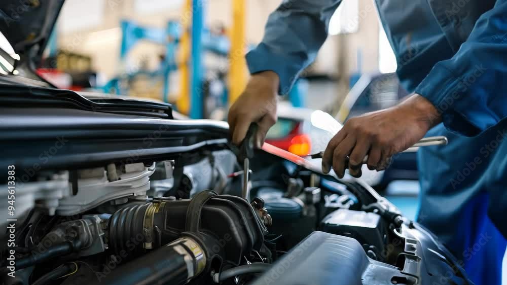 A mechanic diligently repairs a car's engine, showcasing technical expertise and attention to detail in the heart of an auto shop, surrounded by tools and equipment. A mechanic diligently repairs a car's engine, showcasing technical expertise and attention to detail in the heart of an auto shop, surrounded by tools and equipment.