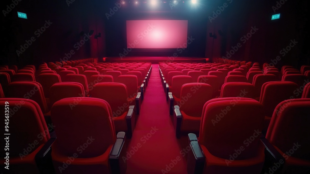 Empty movie theater with rows of red seats, the screen glowing softly before the movie begins Empty movie theater with rows of red seats, the screen glowing softly before the movie begins