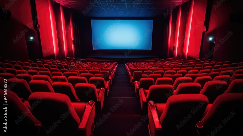 Empty movie theater with rows of red seats, the screen glowing softly before the movie begins Empty movie theater with rows of red seats, the screen glowing softly before the movie begins