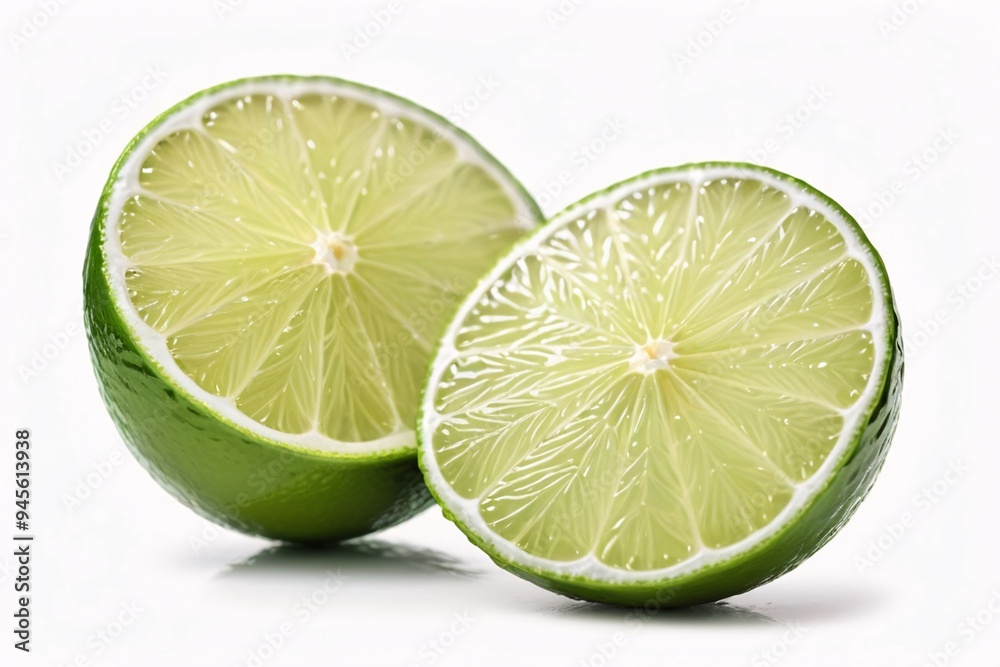 Two lime halves, isolated on white, revealing juicy, tangy interior. Two lime halves, isolated on white, revealing juicy, tangy interior.