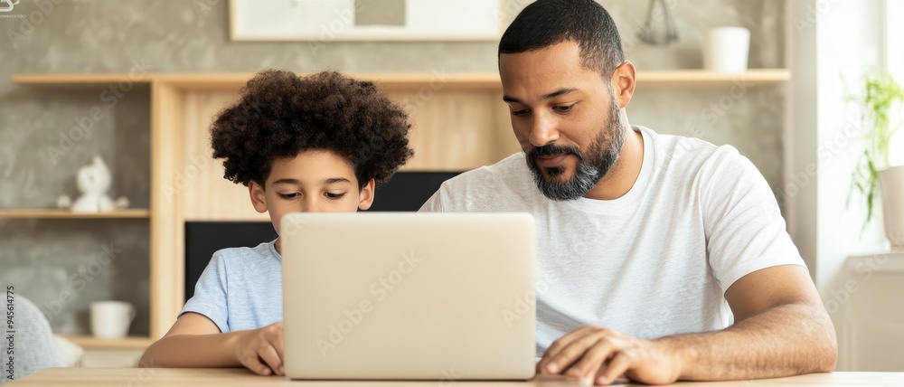 african american father and son using laptop computer together at home - family bonding over technology - modern technology lifestyle - close-up view of hands typing - digital education concept african american father and son using laptop computer together at home - family bonding over technology - modern technology lifestyle - close-up view of hands typing - digital education concept
