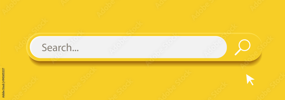 3d search bar Internet browser engine on yellow background for UI design, website interface element with web icons and push button vector