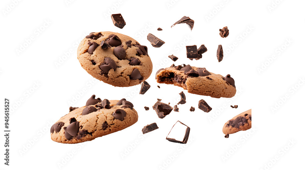 Set of Cookies chocolate falling with choc flake in the air isolated on transparent background Set of Cookies chocolate falling with choc flake in the air isolated on transparent background
